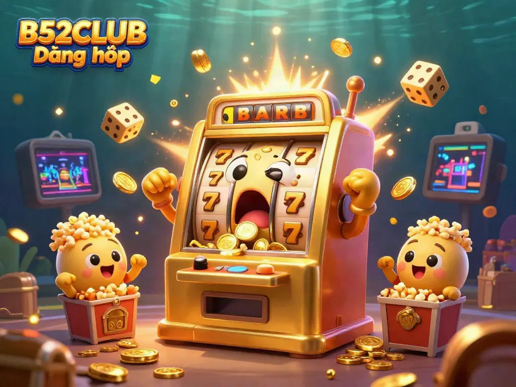 Experience the excitement of B52CLUB Đăng nhập with a golden slot machine celebrating a jackpot amid flying coins and game elements.