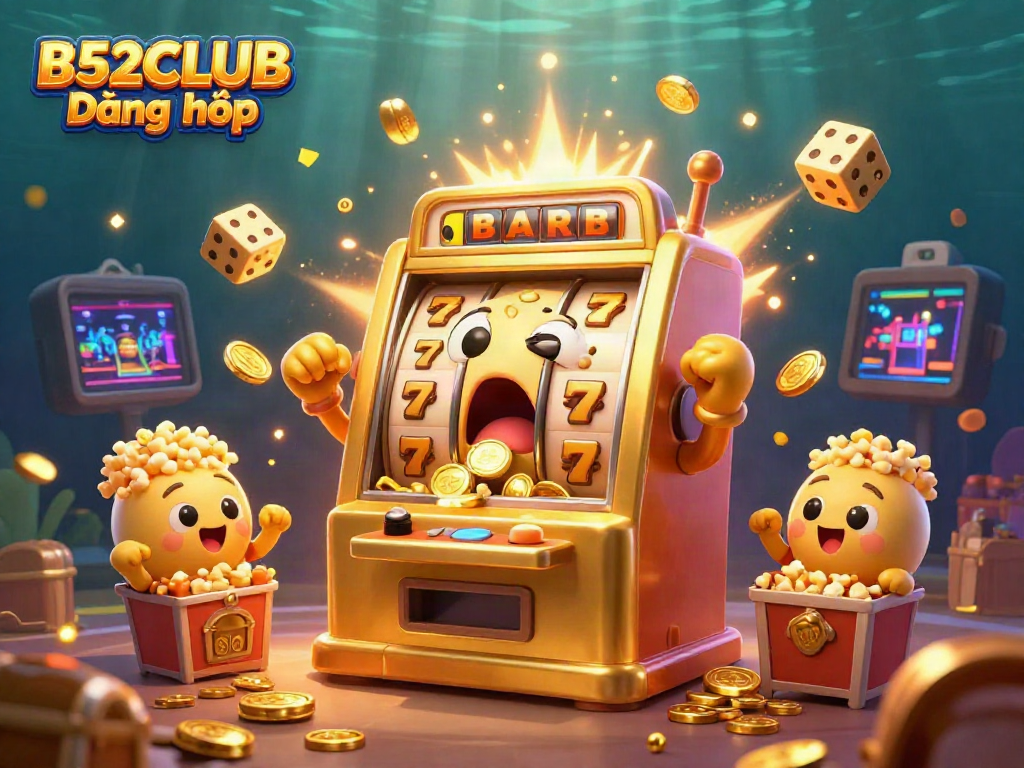 Experience the excitement of B52CLUB Đăng nhập with a golden slot machine celebrating a jackpot amid flying coins and game elements.