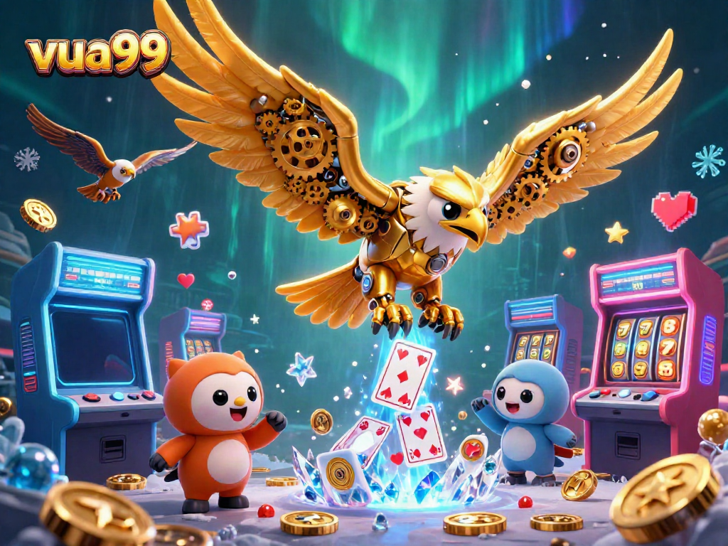 Experience exciting gaming action at vua99 casino, featuring a cybernetic eagle amidst holographic cards.