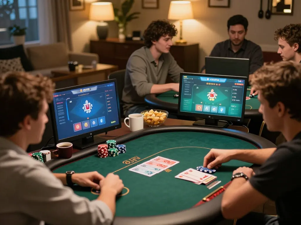Players enjoying an online poker game on 98win com, showcasing live interaction with chips and cards.