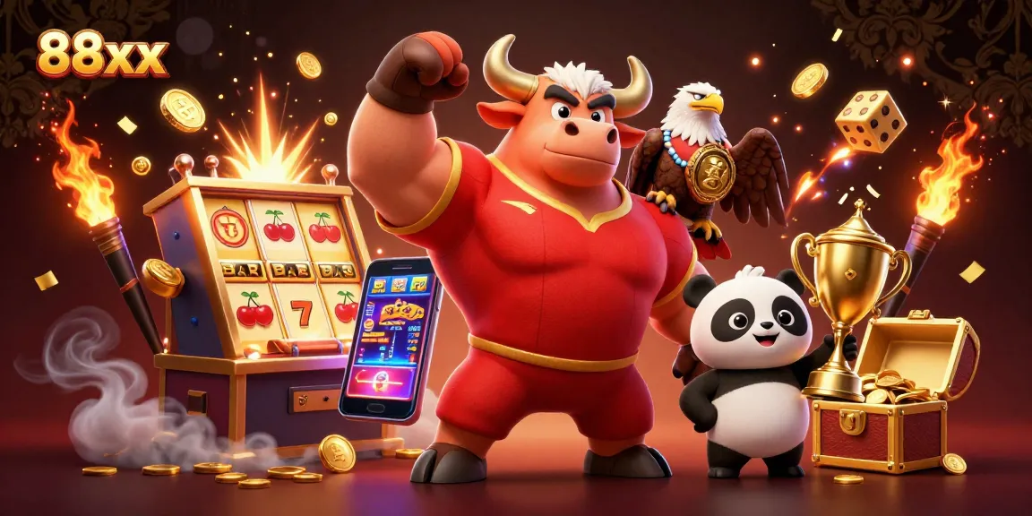 Experience exciting winnings with 88xx as the bull mascot triumphs in a vibrant casino scene.