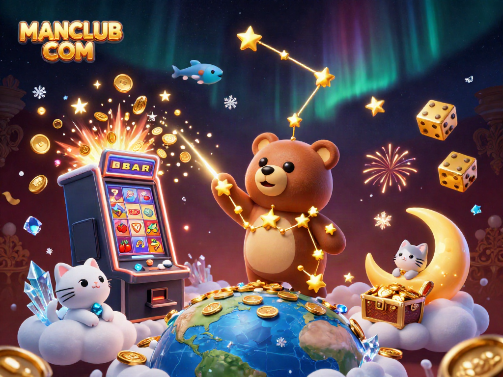 Engage with the vibrant world of MANCLUB COM as a constellation bear collects coins amidst dynamic casino elements.