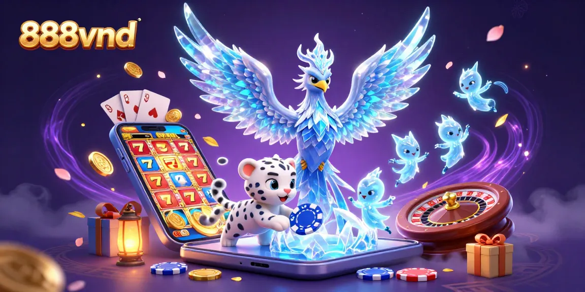 Play exciting 888vnd slot games with an illustrated scene of magical casino characters and elements.