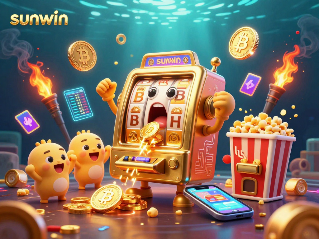 Experience the excitement of sunwin as golden slot machines celebrate hitting jackpots amidst glowing crypto coins.