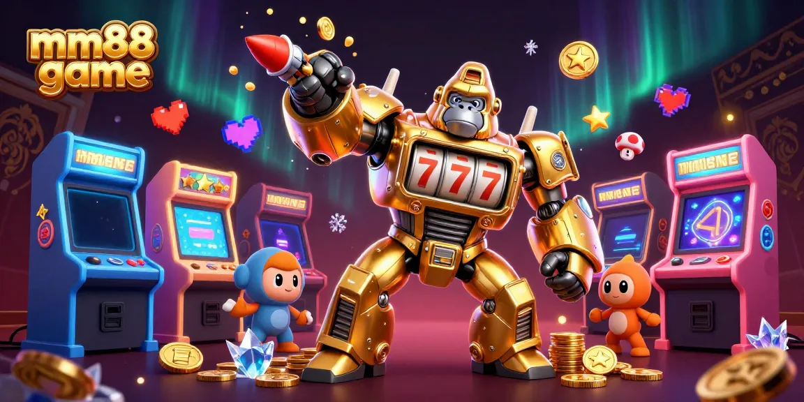 Experience the excitement of mm88 game with a golden slot machine mech and vibrant gaming elements.