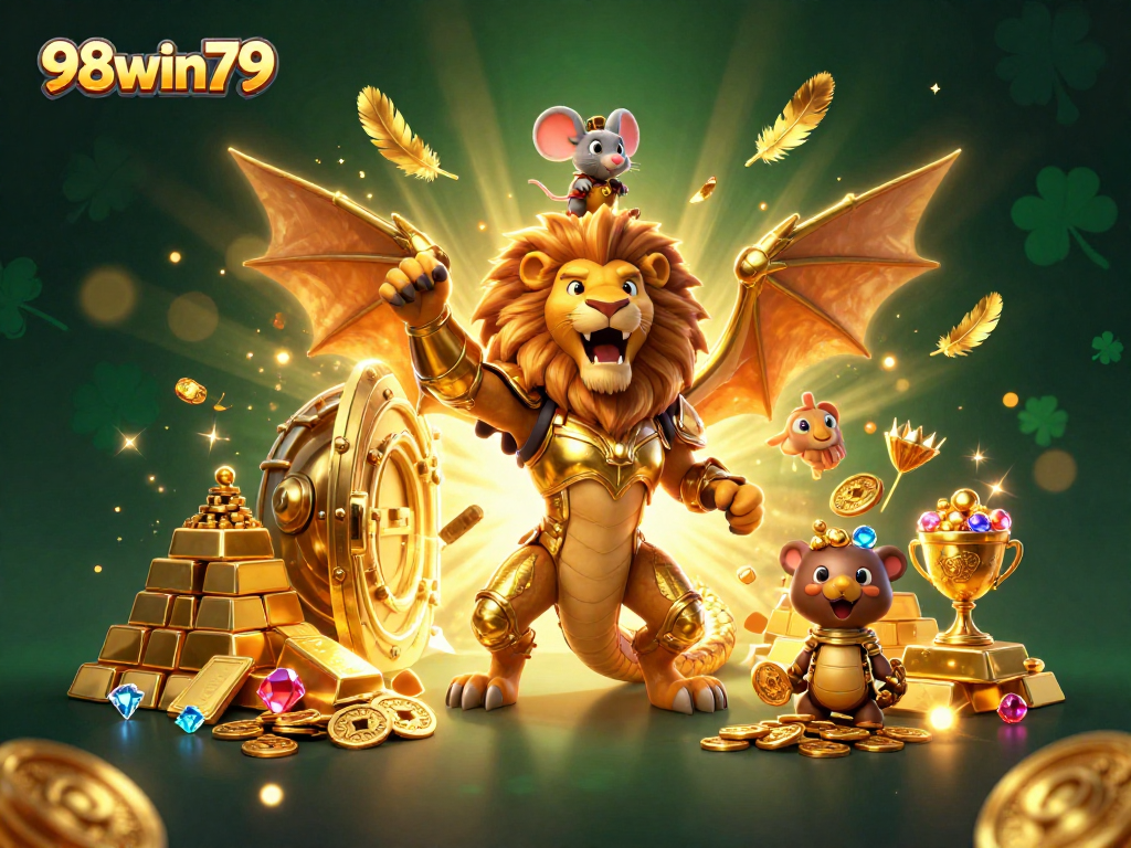 Experience thrilling gameplay with 98win79 featuring a golden chimera and vibrant treasures in a rich casino atmosphere.