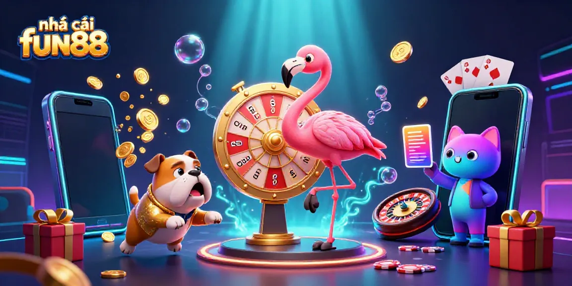 Engaging scene showcasing nhà cái fun88 with a flamingo host, a bulldog, and a cat assistant celebrating casino winnings like coins and cards.