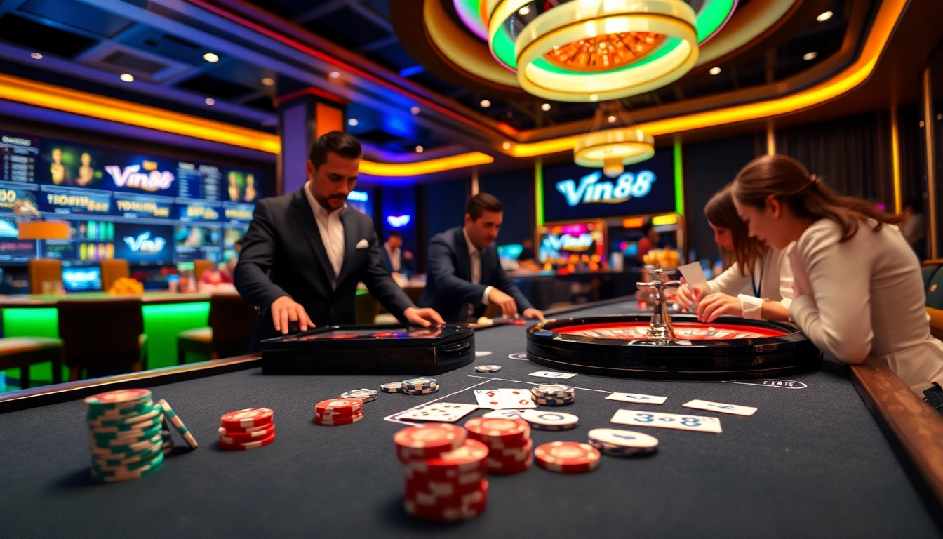 Players enjoying a thrilling game at https://vin88ac.com/, featuring vibrant casino elements and exciting gameplay.