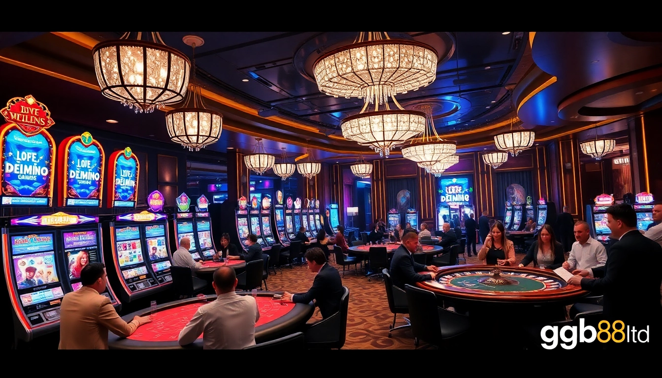 A dynamic scene of gambling excitement at gg88.ltd, featuring vibrant slot machines and engaging poker players.
