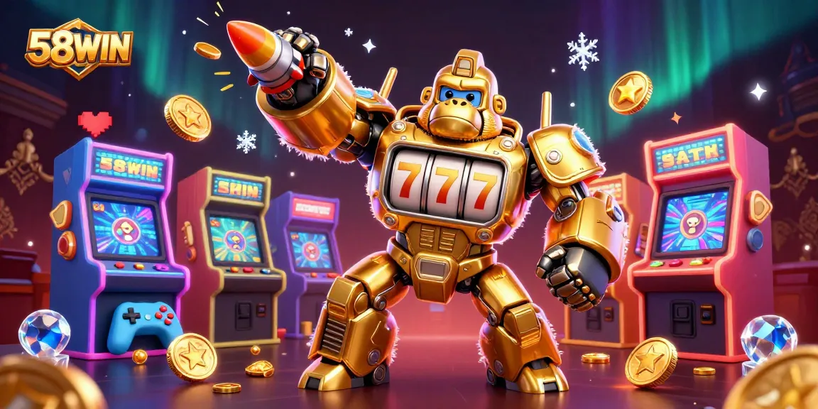 Experience thrilling wins with 58WIN's vibrant casino illustration featuring a golden gorilla mech.