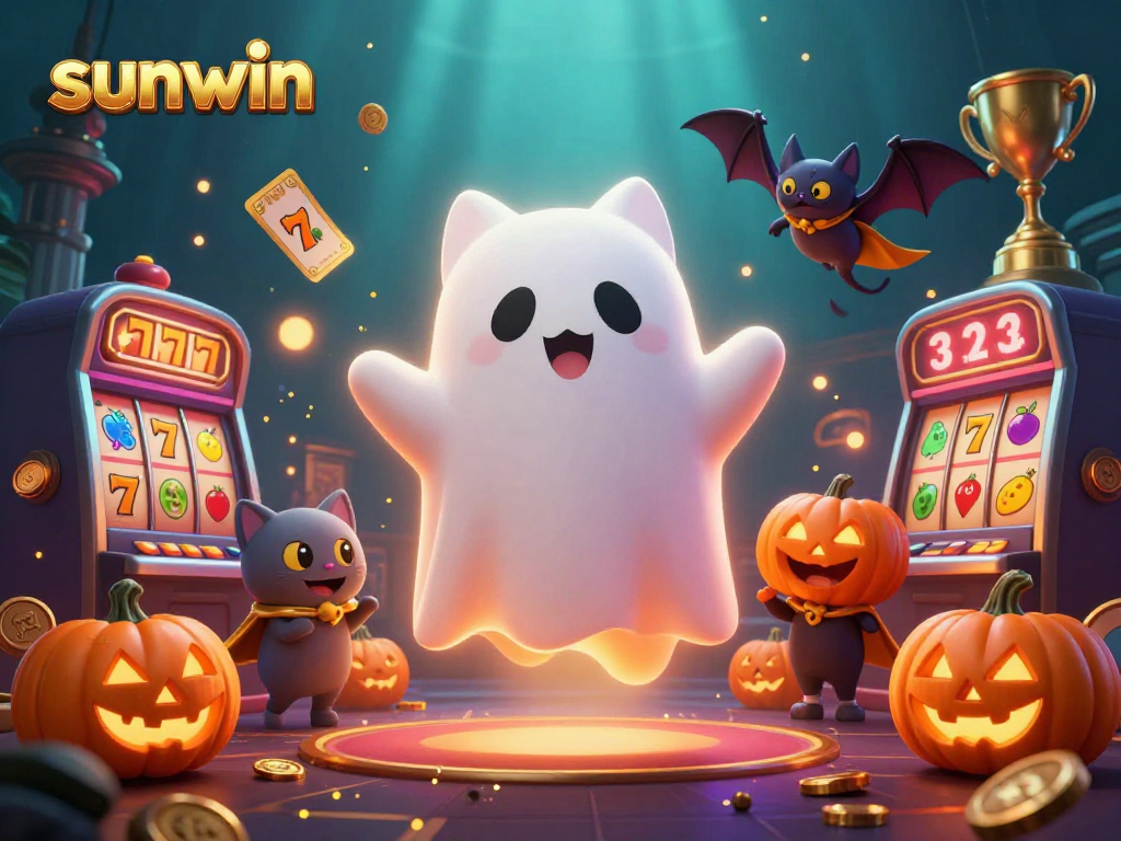 Experience the thrilling world of sunwin with a haunted casino scene featuring a friendly ghost cat and vibrant elements.