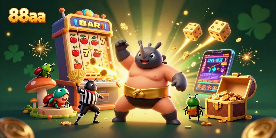 Experience thrilling action with 88aa as a sumo beetle stomps gold coins in a lively casino scene.
