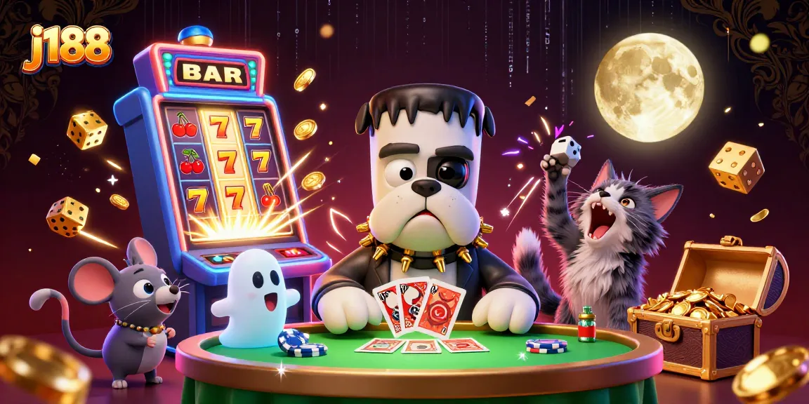 Engage in thrilling j188 gaming adventures with a lively casino scene of creatures and excitement.