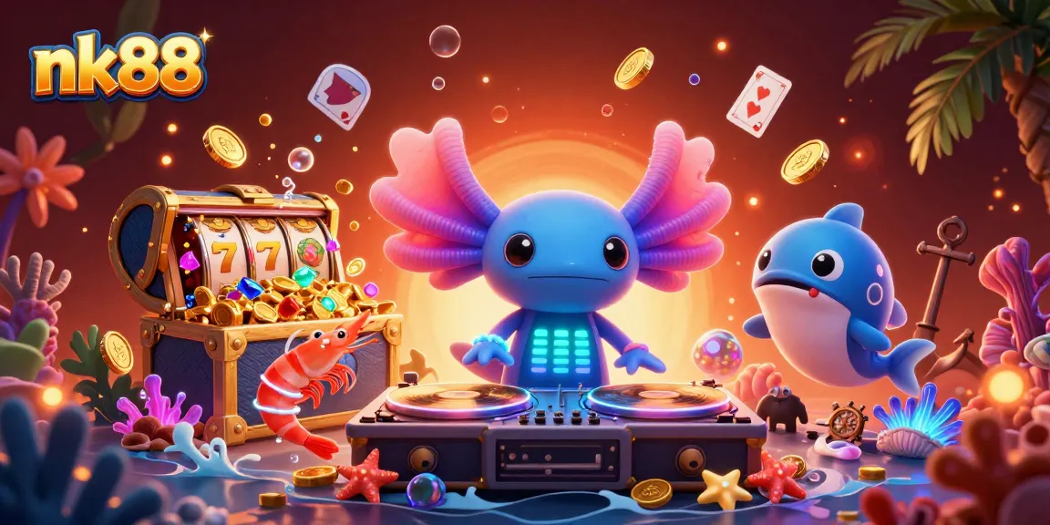 Spin to win with nk88! A vibrant underwater casino scene featuring an axolotl DJ.