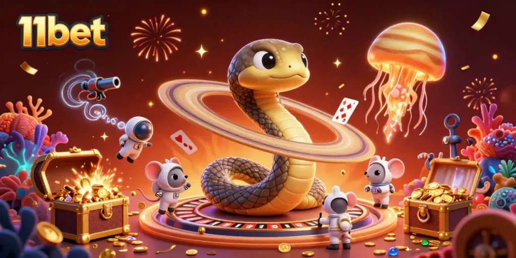 Engaging 3D scene depicting 11bet with a Saturn snake roulette, astronaut mice gambling, and a cosmic jellyfish dealer.
