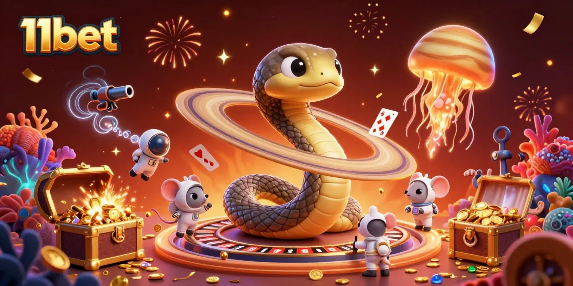 Engaging 3D scene depicting 11bet with a Saturn snake roulette, astronaut mice gambling, and a cosmic jellyfish dealer.