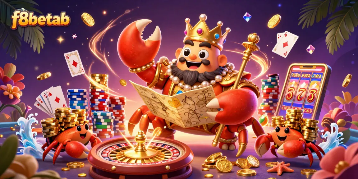 Experience the excitement of f8betab with a golden crab emperor and vibrant casino elements.