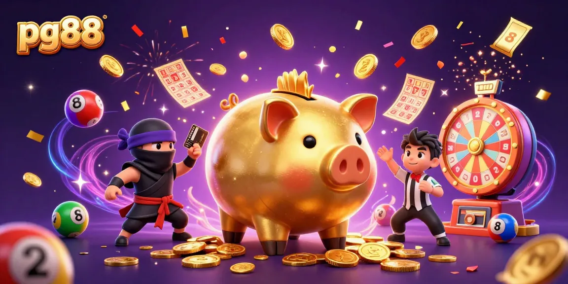 Engaging scene of pg88's gaming excitement with golden piggy bank sumo wrestler amidst colorful lottery balls and vibrant casino elements.