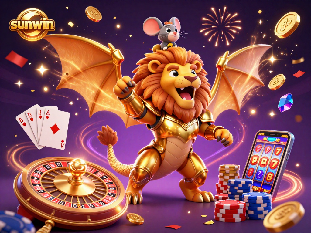 Experience thrilling gameplay with sunwin in a vibrant 3D casino scene featuring a roaring chimera and dynamic gambling action.