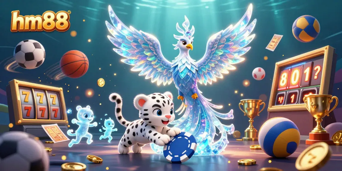 Experience the excitement of hm88 with an ice phoenix, poker chip, and vibrant casino elements.
