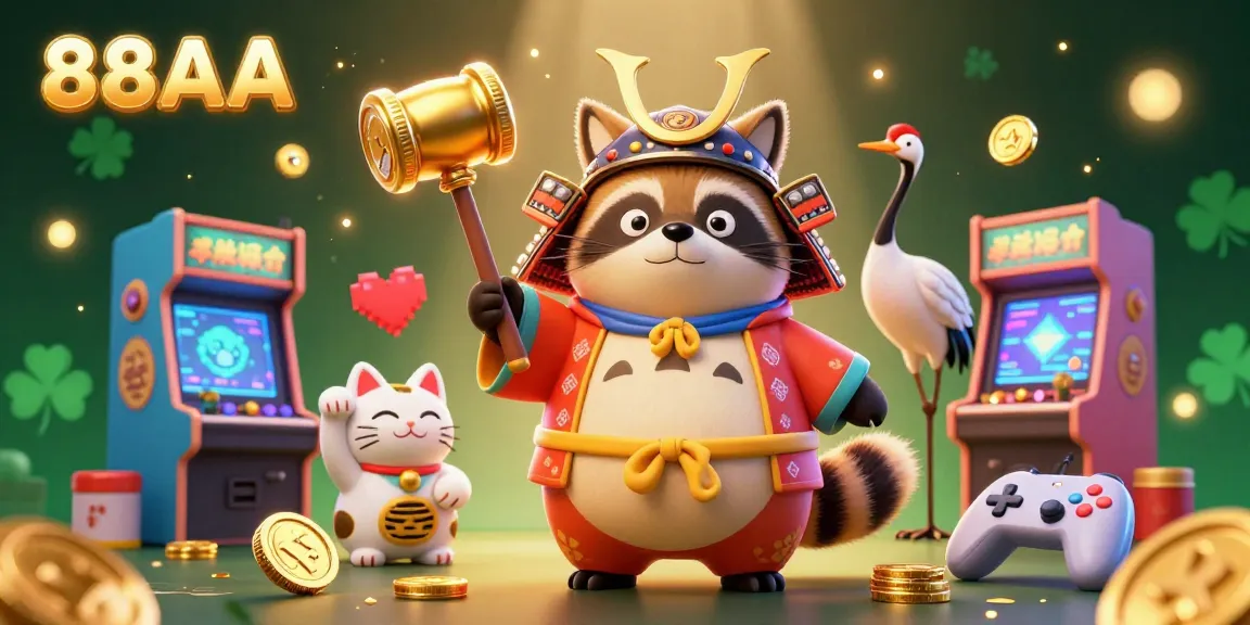88AA's vibrant gaming world with cheerful tanuki and colorful maneki-neko amidst arcade and casino elements.