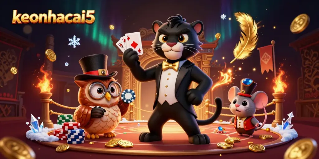 Experience exciting card games on keonhacai5 with a tuxedoed panther, owl, and a mouse.