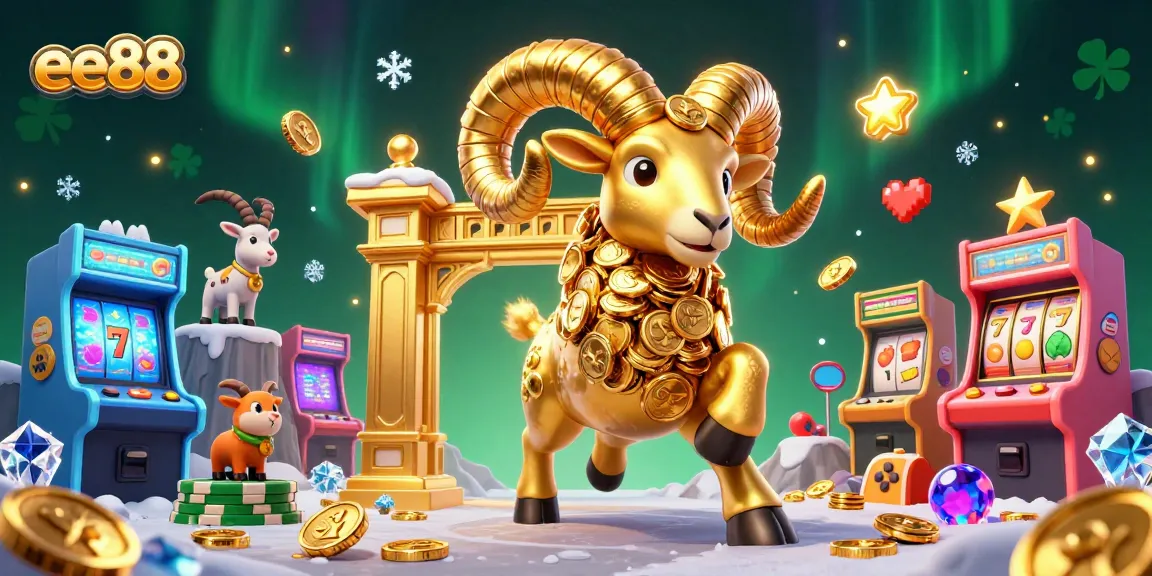 Play exciting slot games with ee88's golden ram amid shimmering coins and vibrant game elements.