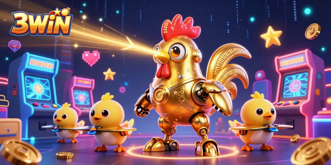 Engage with 3WIN's vibrant gaming world featuring a golden rooster robot and baby chick drones in action.