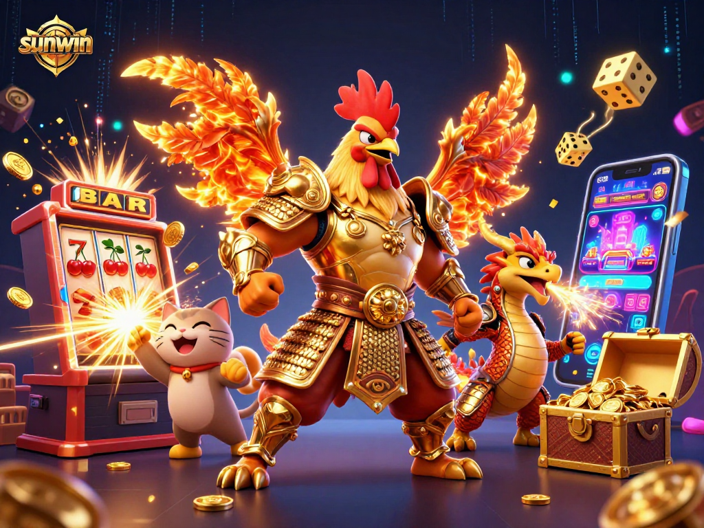 Experience the thrill of sunwin's dynamic jackpot with a powerful rooster warrior and dragon hatchling.