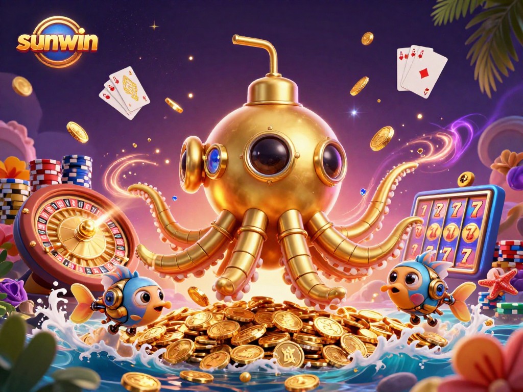 Experience the thrill of sunwin with dynamic 3D casino elements bursting from a golden kraken scene.