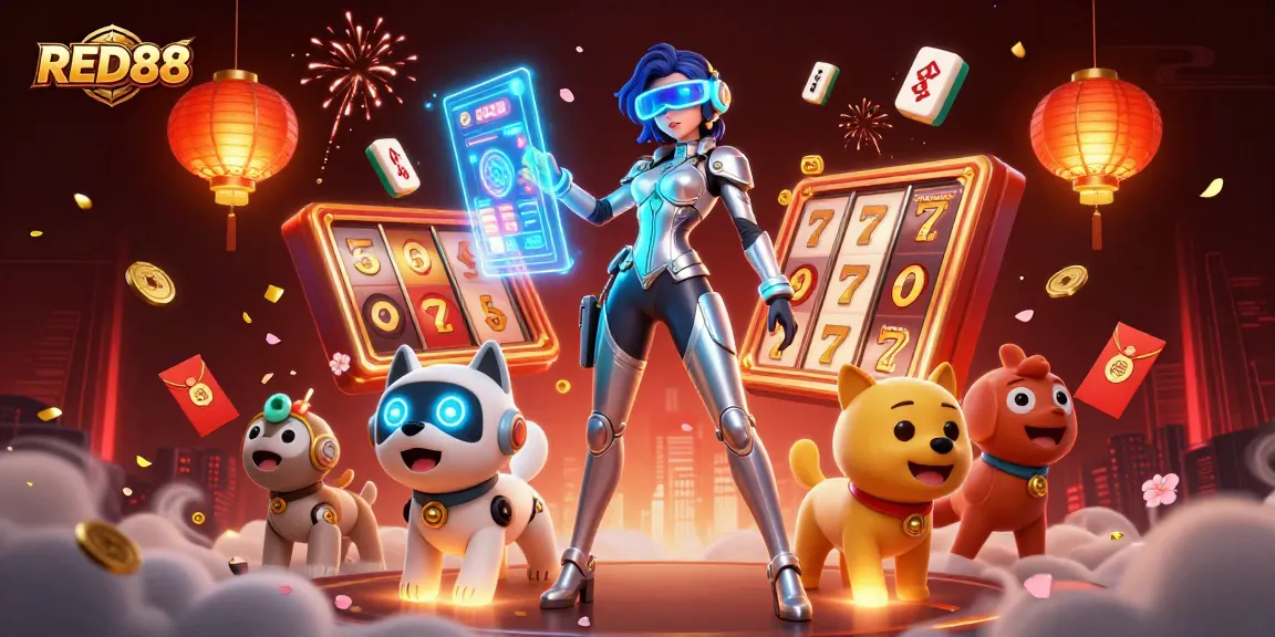 RED88 captures the excitement of casino gaming with a stunning woman and a robot dog amidst vibrant visuals.