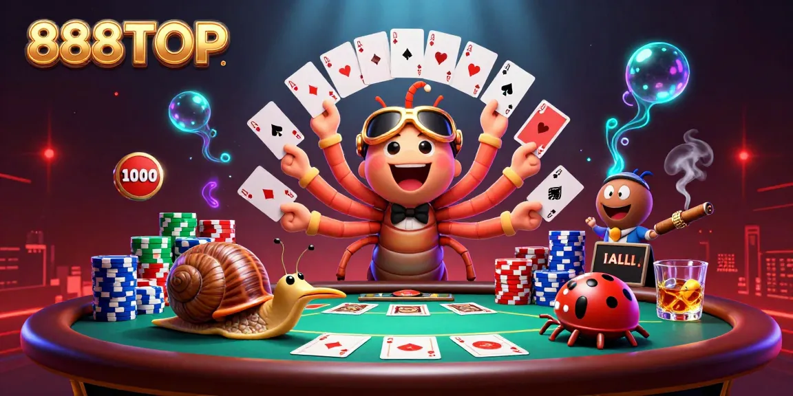 Experience the thrilling world of casino at 888TOP with animated characters and poker elements.