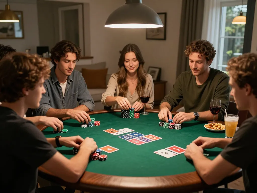 Players enjoying poker together at a home gathering with RR88 ambiance and warm lighting.
