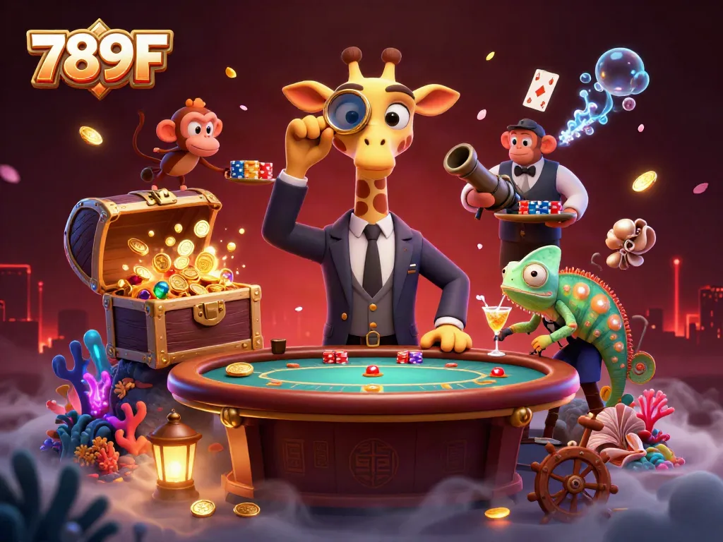 Experience the thrill of gaming with 789F, featuring a high-roller giraffe at a VIP poker table.