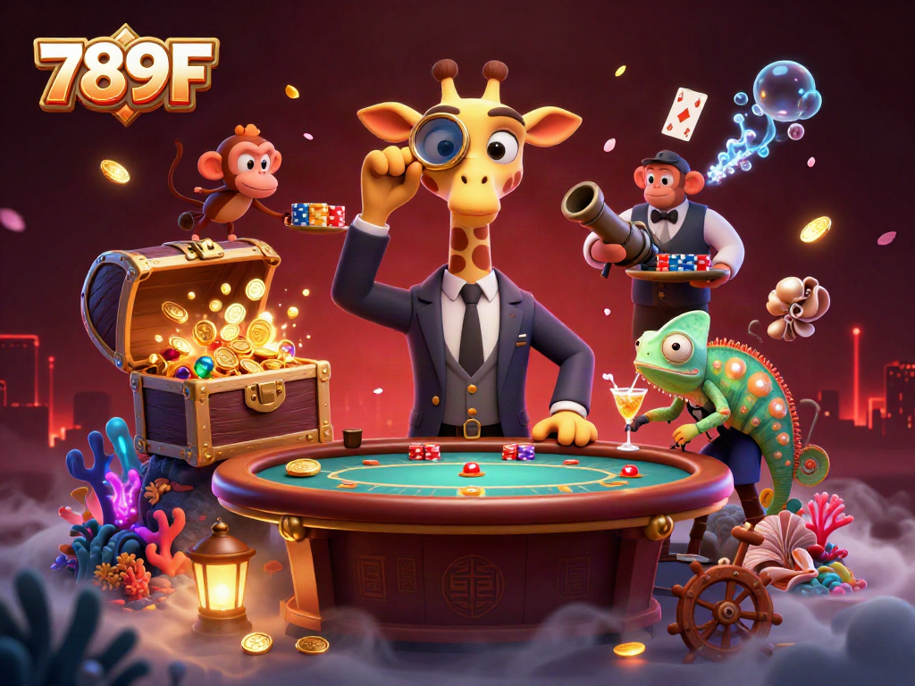 Experience the thrill of gaming with 789F, featuring a high-roller giraffe at a VIP poker table.