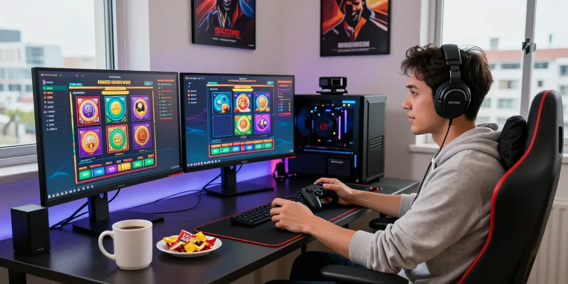 Gamer enjoying slot gacor games in a vibrant home setup with multiple monitors and LED lights.