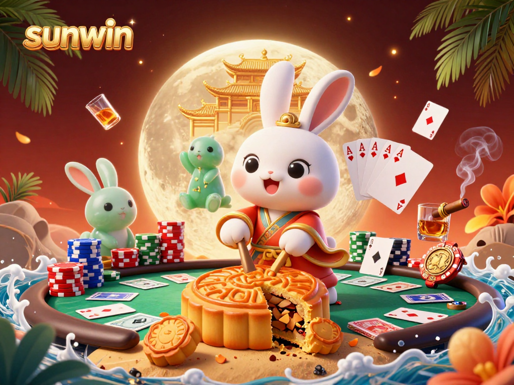 Sunwin enhances winning strategies with a vibrant 3D casino scene featuring moon rabbits and poker elements.