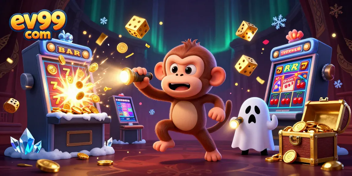 Experience thrilling slots at ev99 com with a playful poltergeist monkey juggling golden casino items.
