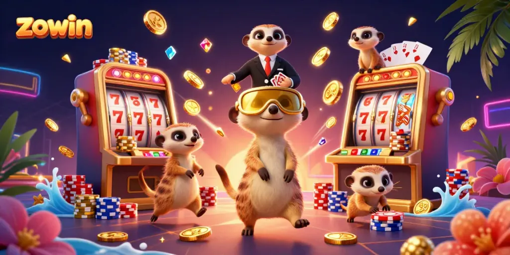 Zowin captivates with meerkats in a vibrant casino scene featuring slots and poker elements.