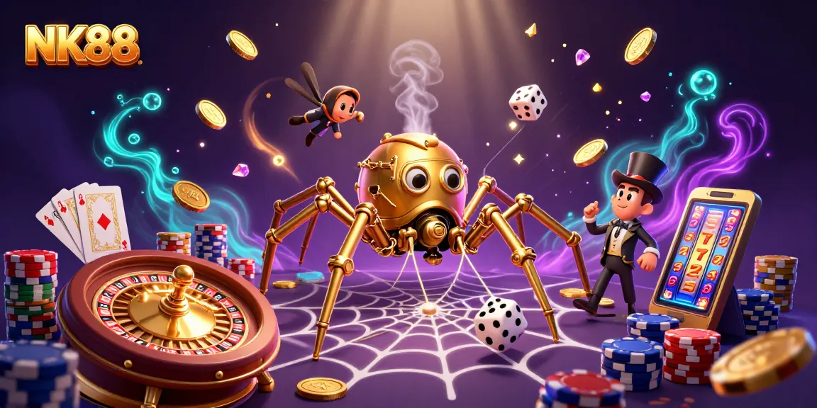 Experience thrilling gameplay at NK88 with a vibrant steampunk casino illustration featuring golden coins and poker elements.