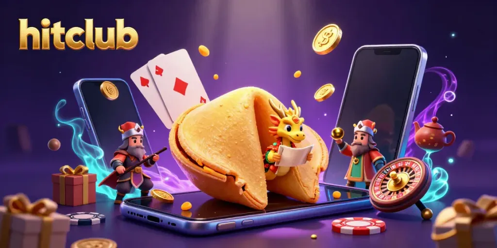 Join the excitement of hitclub with a vibrant 3D illustration featuring a fortune cookie, slot games, and sparkling coins.