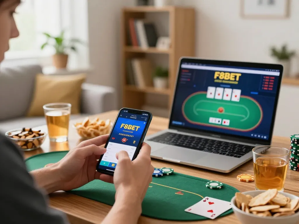 Player engaging with F8BET app for online gaming on smartphone, highlighting home gambling environment.