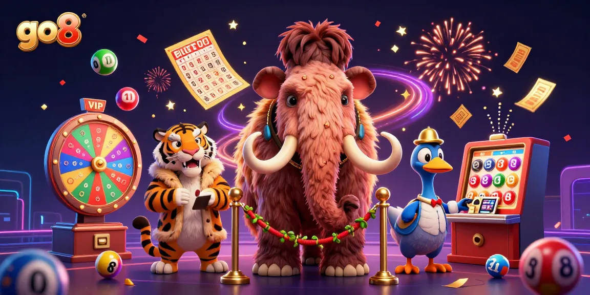 Experience the magic of go8 as colorful lottery balls bounce around a dynamic casino entry scene.