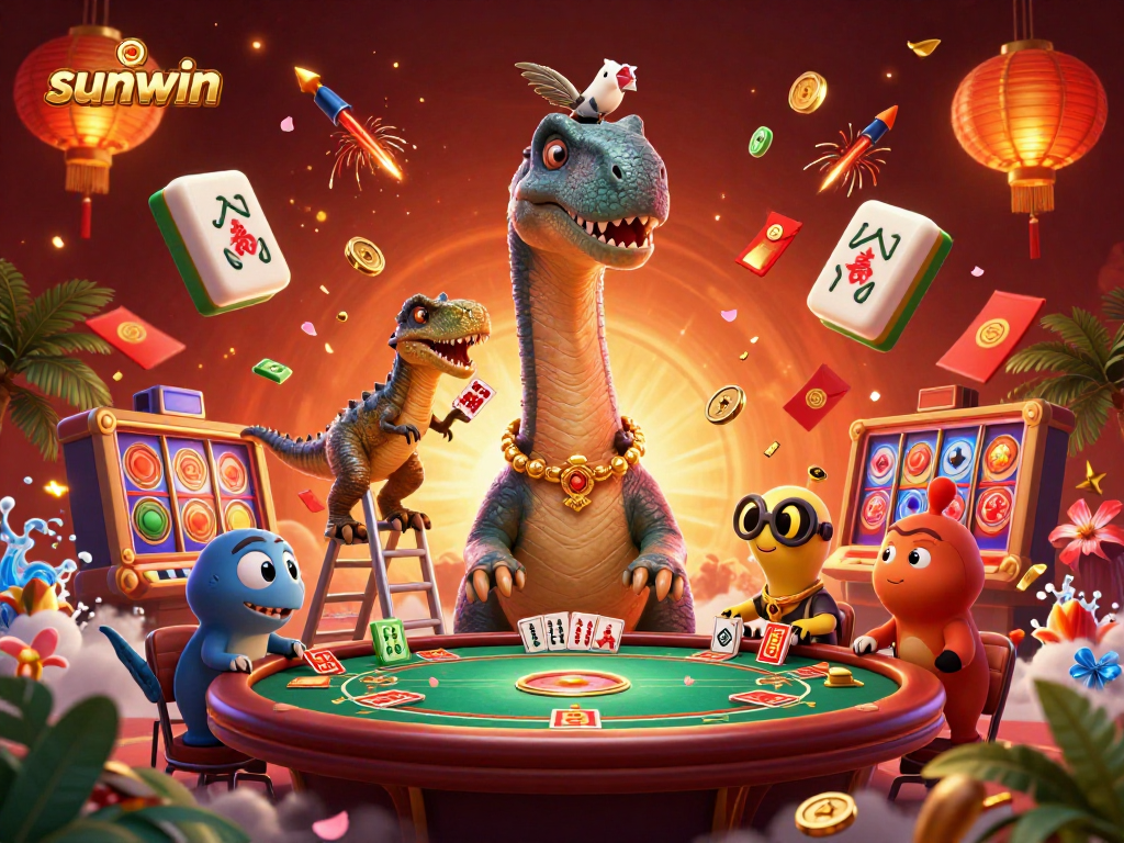 Experience the excitement of sunwin with a lively 3D casino scene featuring a towering brontosaurus and a clever raptor.