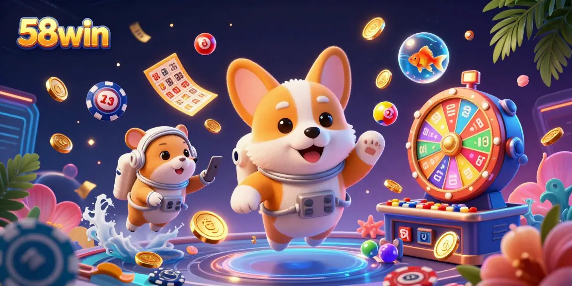 Experience thrilling gaming action at 58win, with captivating scenes of a corgi and casino elements in motion.