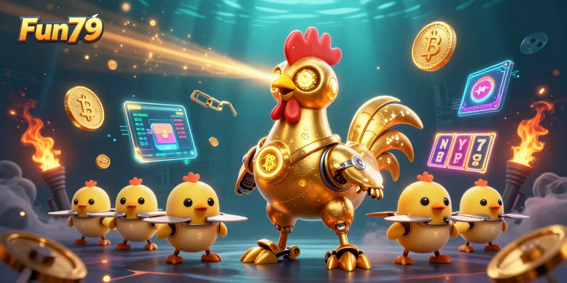 Experience thrilling moments with Fun79 as a golden rooster robot battles in the casino world.