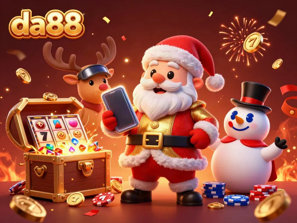 Experience exciting jackpot slots at da88 with Santa and friends in this vibrant casino illustration.