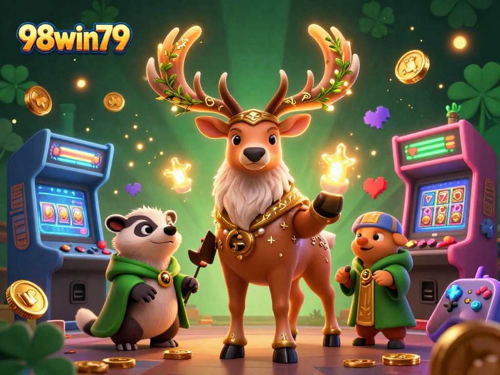 Engage with the dynamic casino scene featuring 98win79, a 3D druid and badger amidst bright game elements.