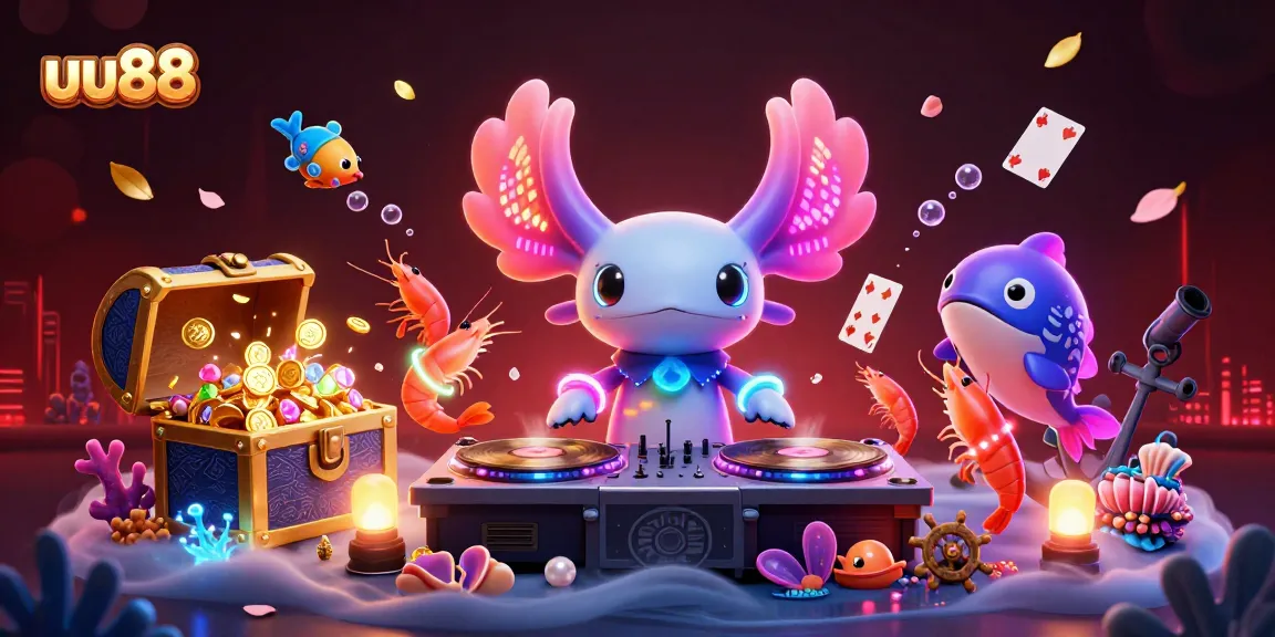 Experience exhilarating gaming moments with uu88's vibrant underwater scene featuring a DJ axolotl, shrimp dancers, and treasure!