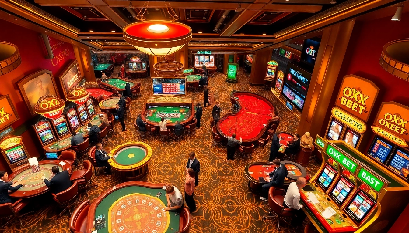 Action-packed scene featuring players betting at OX BET online casino tables with vibrant slot machines.